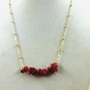 Red Coral Chip Bar Necklace Gold Tone Chain Simple Minimalist Feminine Dainty